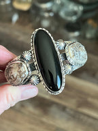 Sterling Silver Handcrafted Cuff Bracelet with Onyx, Owl and Skull Detail, Taller Stone