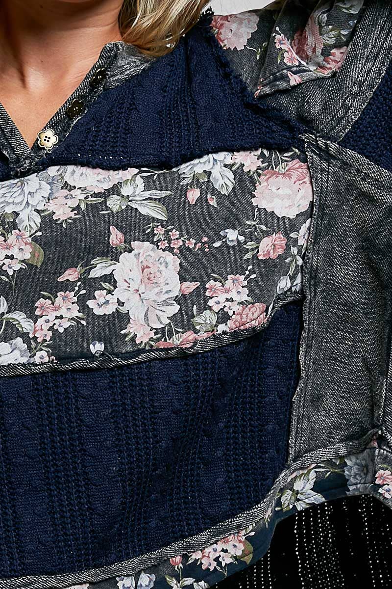 POL French Terry Raw-Edge Trim Patchwork Textured Knit Top