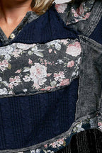 POL French Terry Raw-Edge Trim Patchwork Textured Knit Top