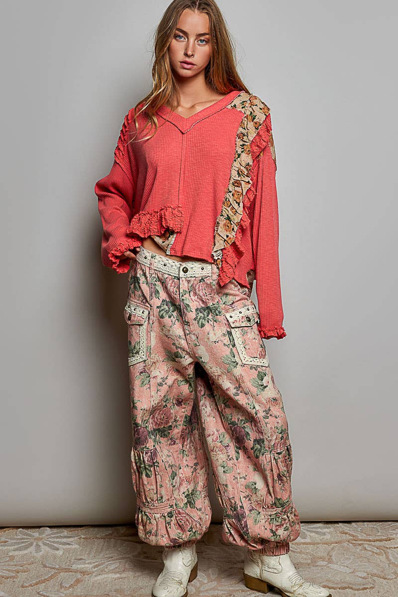 POL Floral Ruffle Trim Textured Ribbed Long Sleeve Knit Top