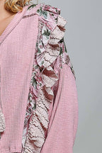 POL Floral Ruffle Trim Textured Ribbed Long Sleeve Knit Top