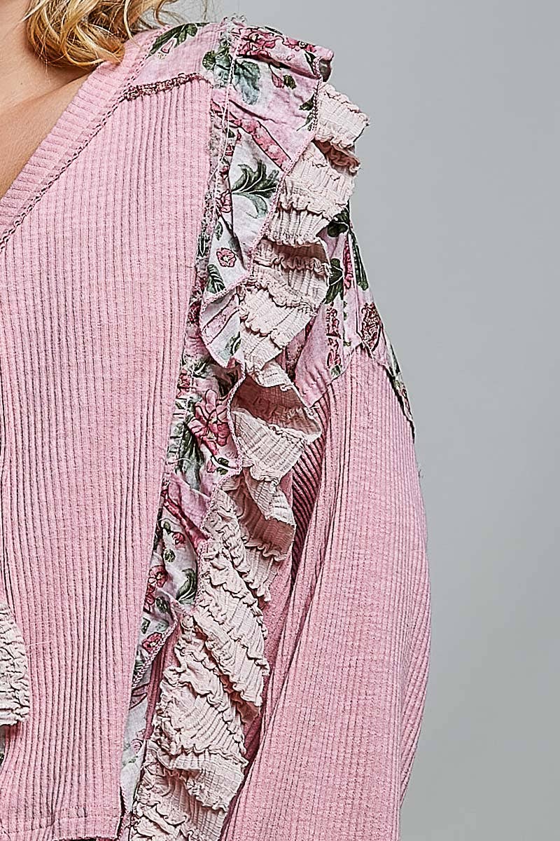 POL Floral Ruffle Trim Textured Ribbed Long Sleeve Knit Top