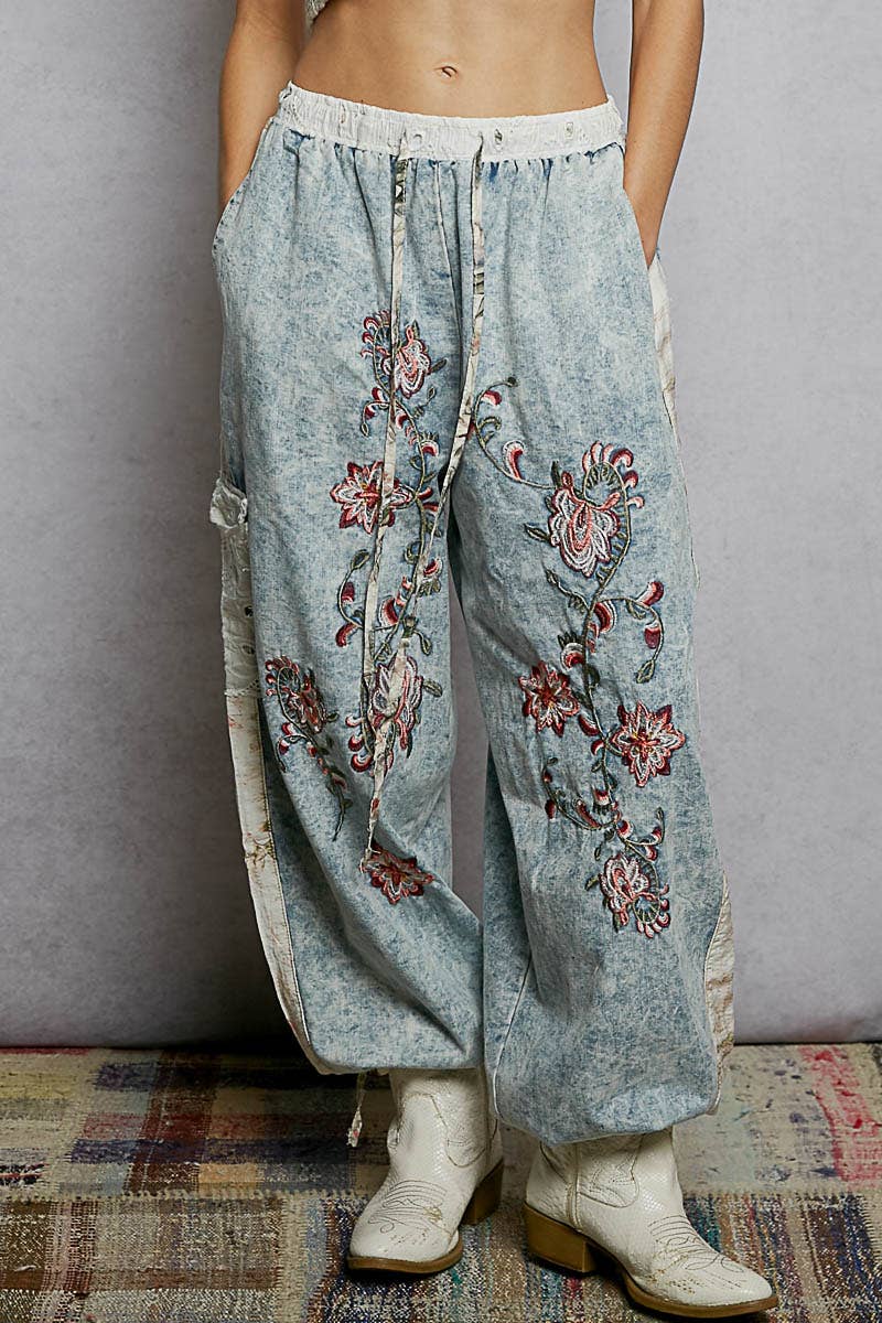 Floral Embroidery Print Patch Denim Jogger Pants