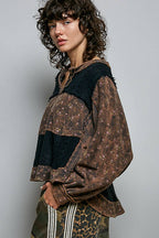 POL French Terry Raw-Edge Trim Patchwork Textured Knit Top