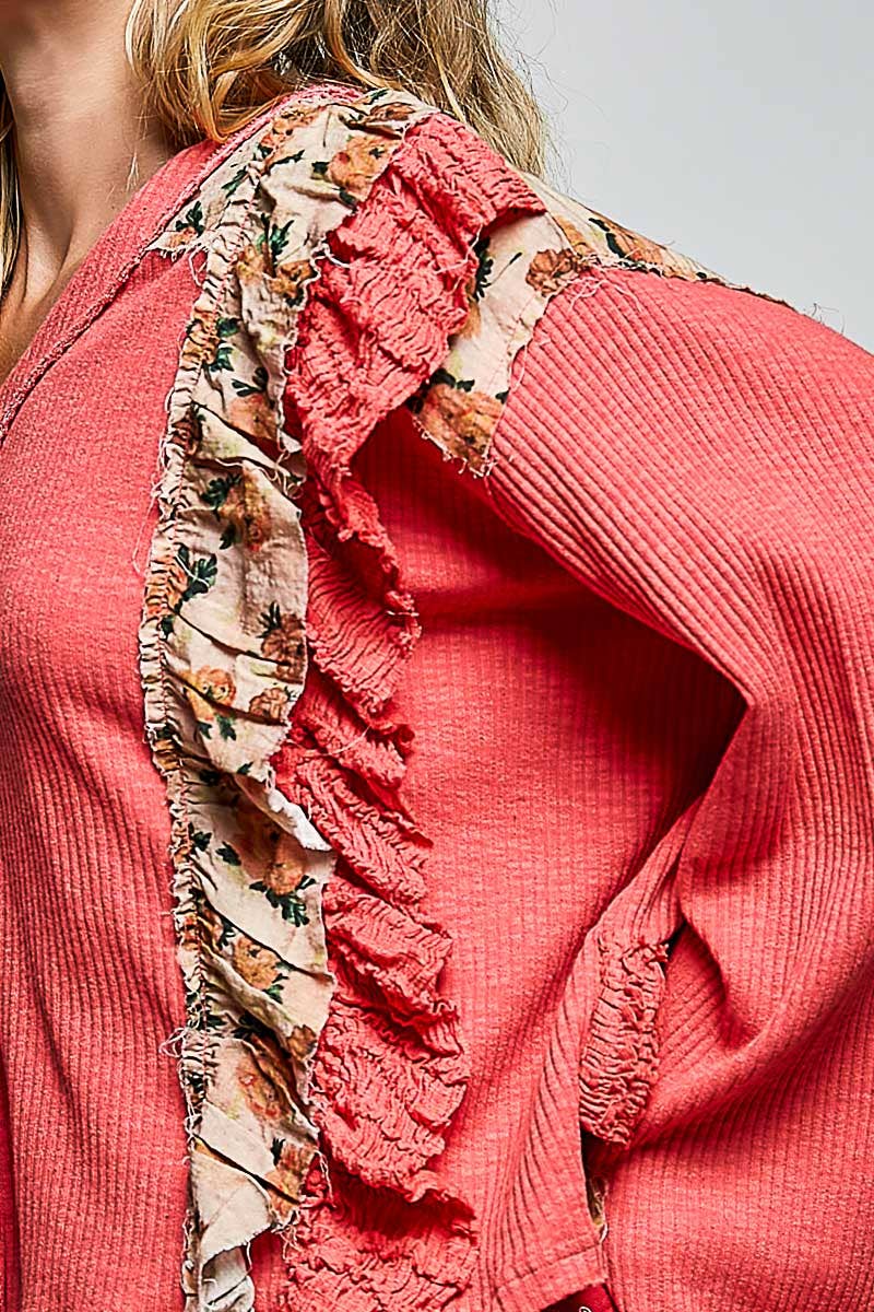 POL Floral Ruffle Trim Textured Ribbed Long Sleeve Knit Top