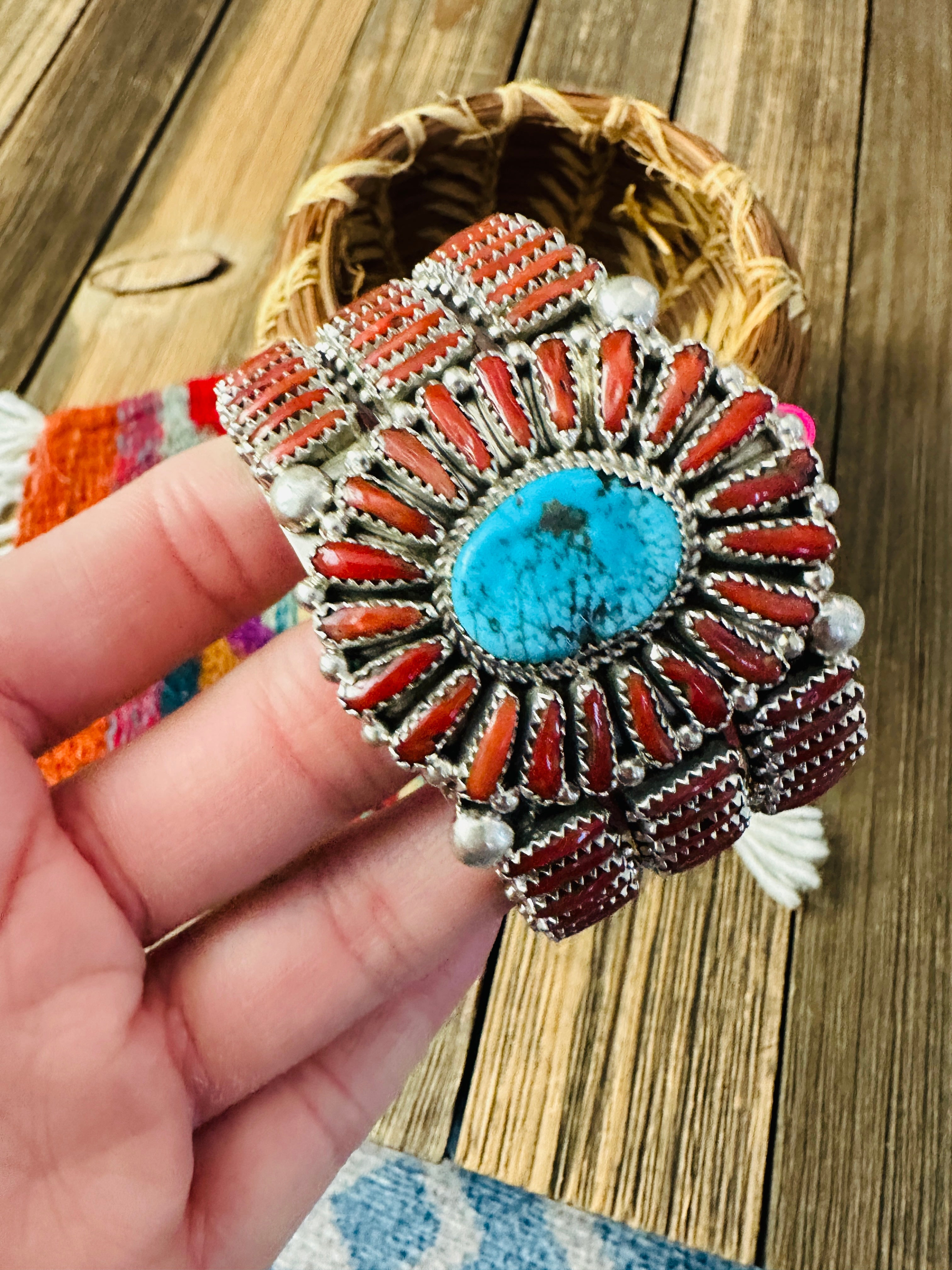 Handcrafted Coral, Turquoise & Sterling Silver Cluster Cuff Bracelet