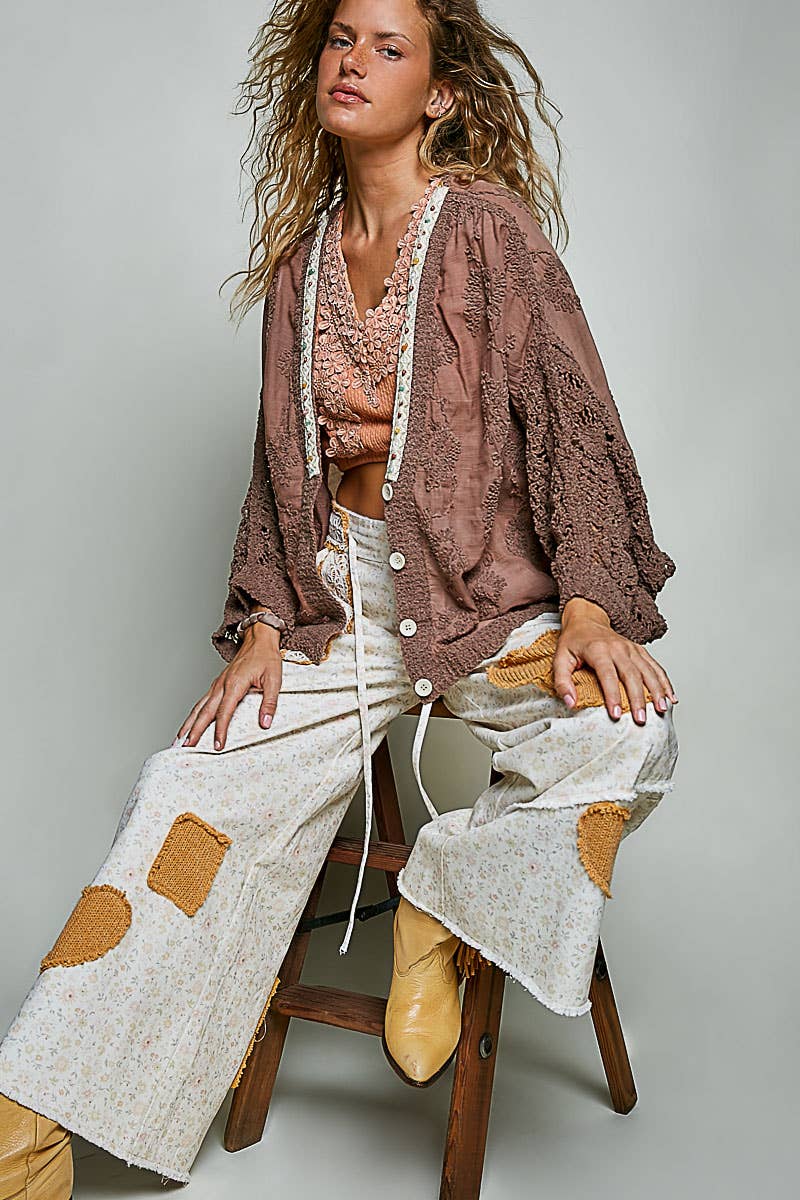 Floral Embroidered Contrast Chenille Crochet Cardigan Top