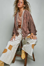 Floral Embroidered Contrast Chenille Crochet Cardigan Top
