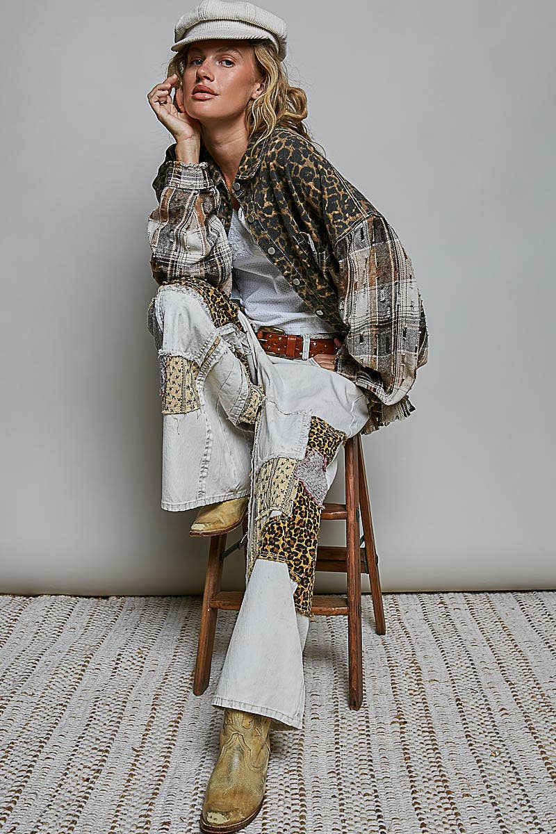 Allover Print Pattern Raw-Edge Fringe Trim Shirt Jacket