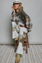 Allover Print Pattern Raw-Edge Fringe Trim Shirt Jacket