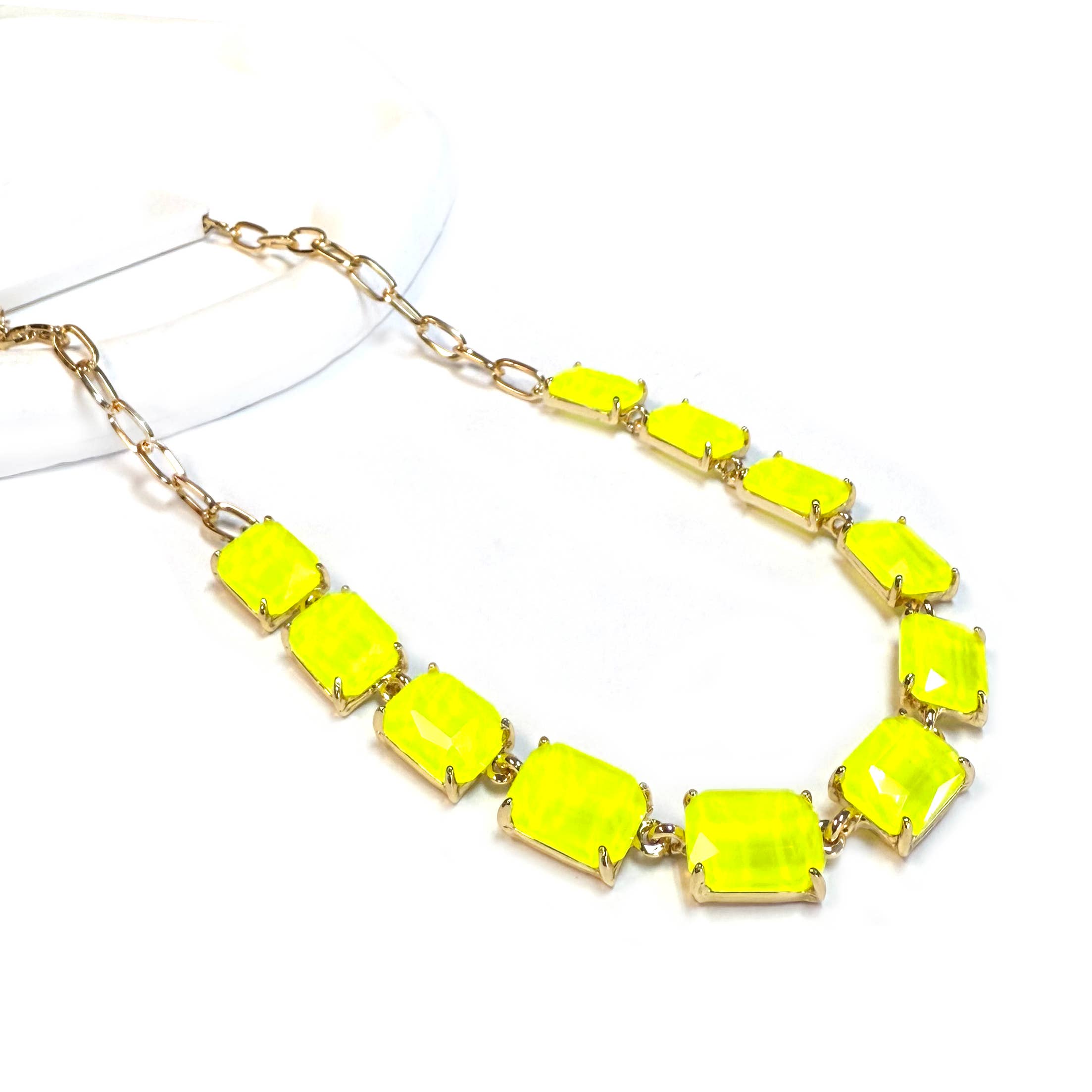 Rectangle Crystal Glass Linked Statement Chain Necklace