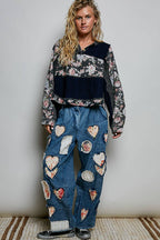 POL French Terry Raw-Edge Trim Patchwork Textured Knit Top