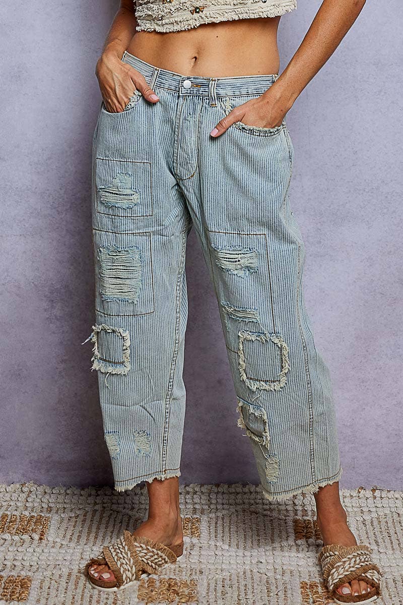 High Rise Ankle Length Distressed Pinstripe Jeans