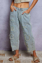High Rise Ankle Length Distressed Pinstripe Jeans