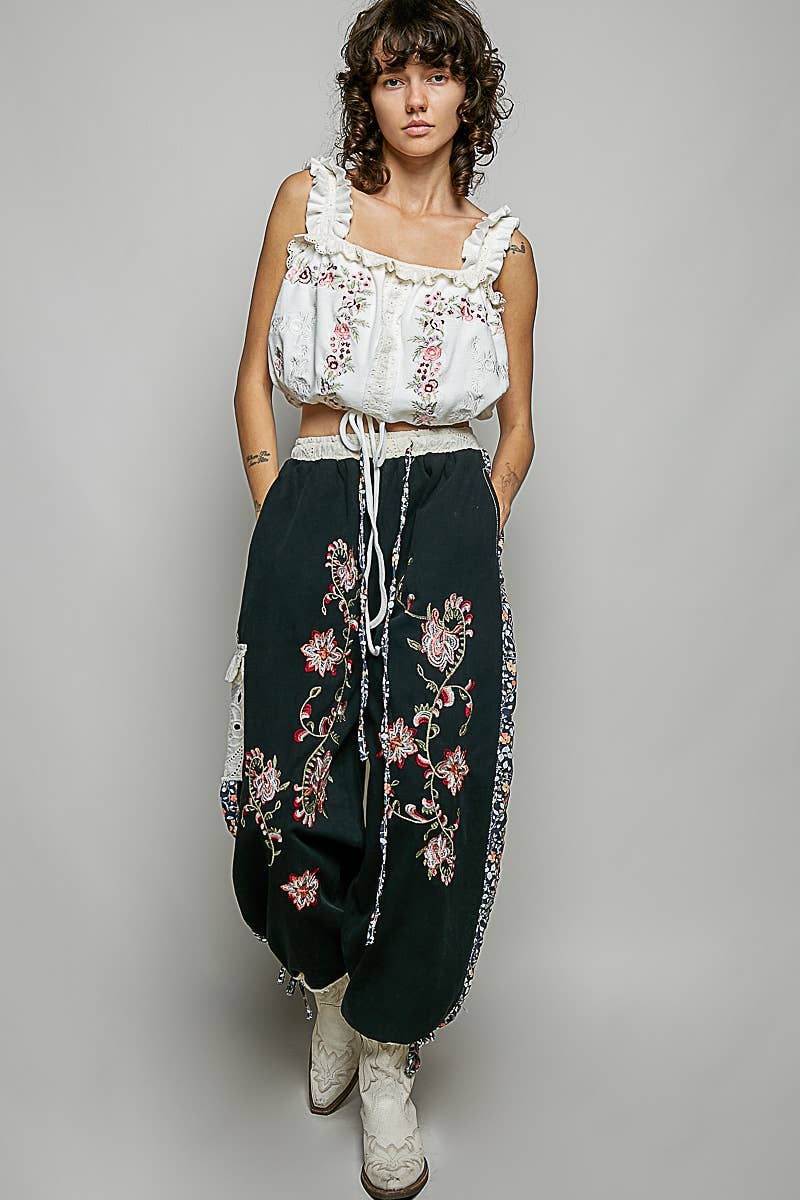 Floral Embroidery Print Patch Denim Jogger Pants