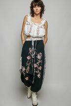 Floral Embroidery Print Patch Denim Jogger Pants