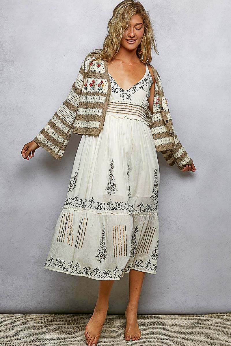Stripe Long Sleeve Floral Embroidered Crochet Cardigan SALE