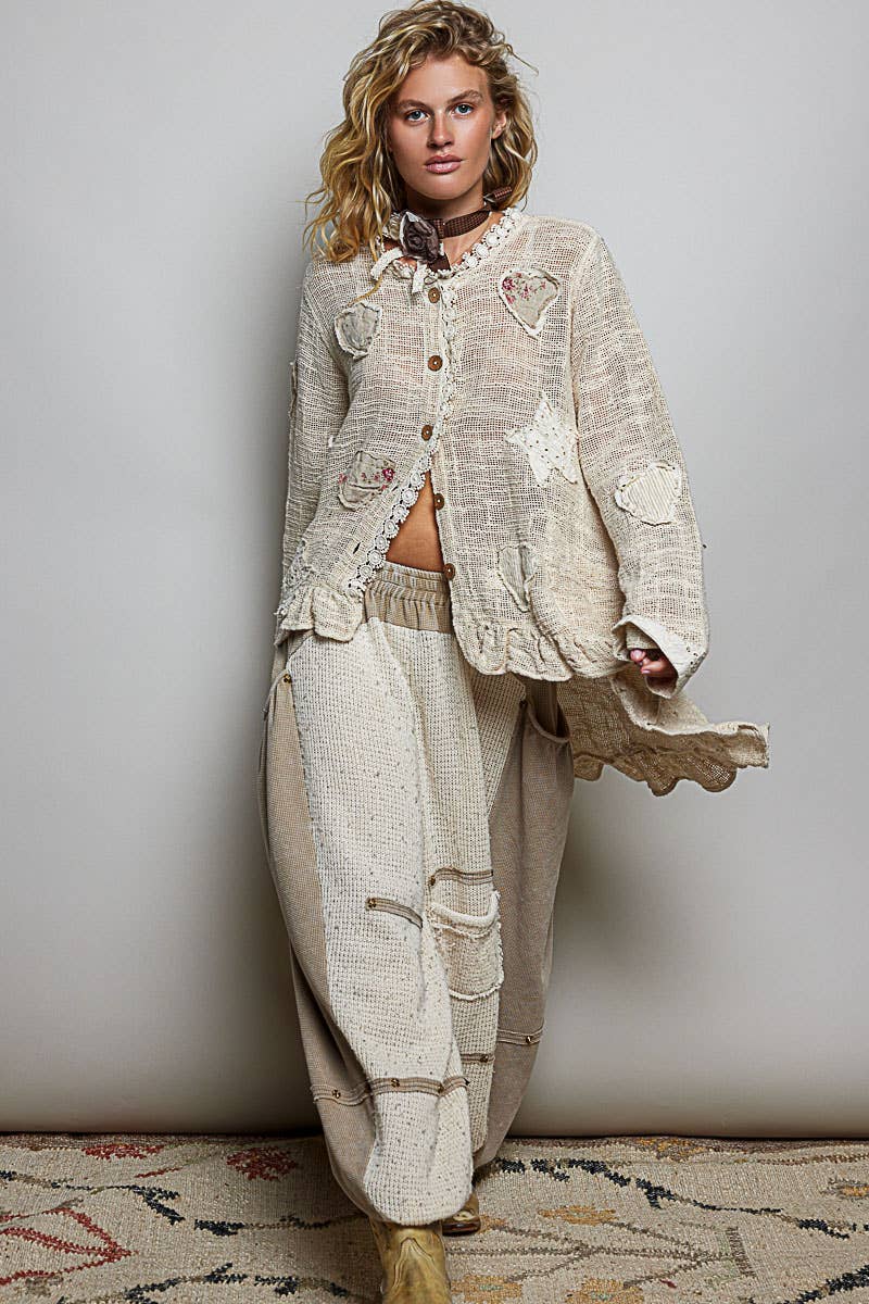 Floral Heart + Star Appliqué Lace Trim Cardigan
