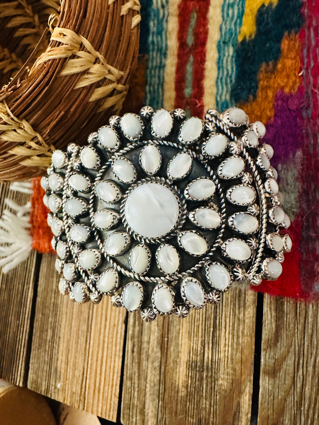 Handcrafted Old Pawn Sterling Silver & Mother of Pearl Cuff Bracelet
