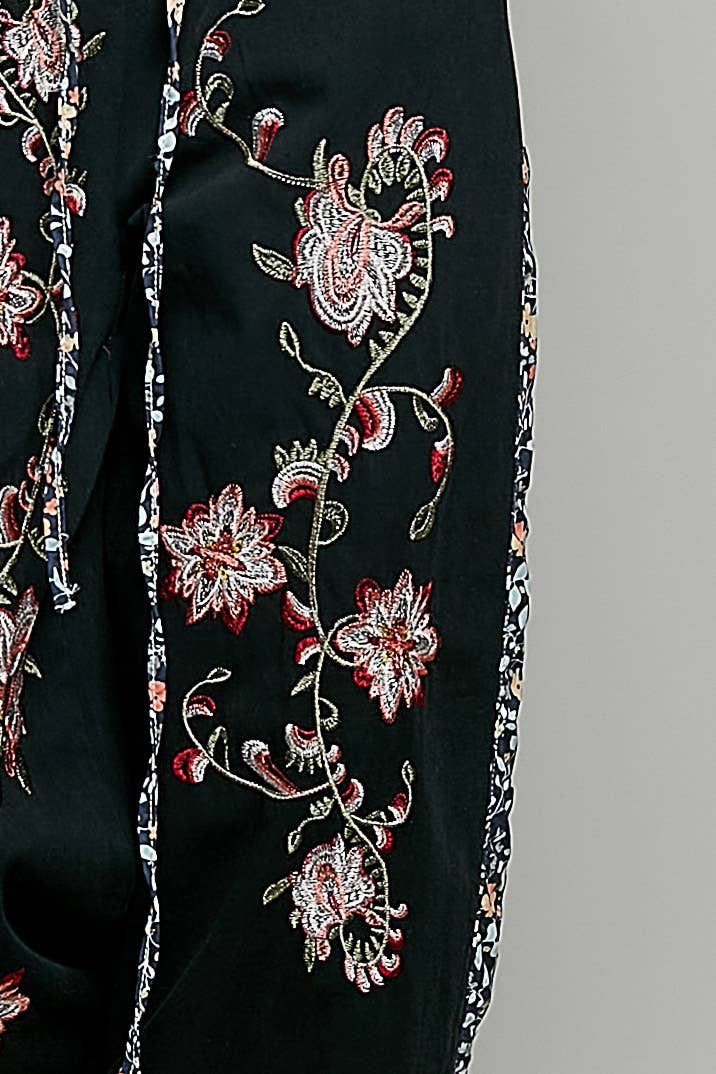 Floral Embroidery Print Patch Denim Jogger Pants