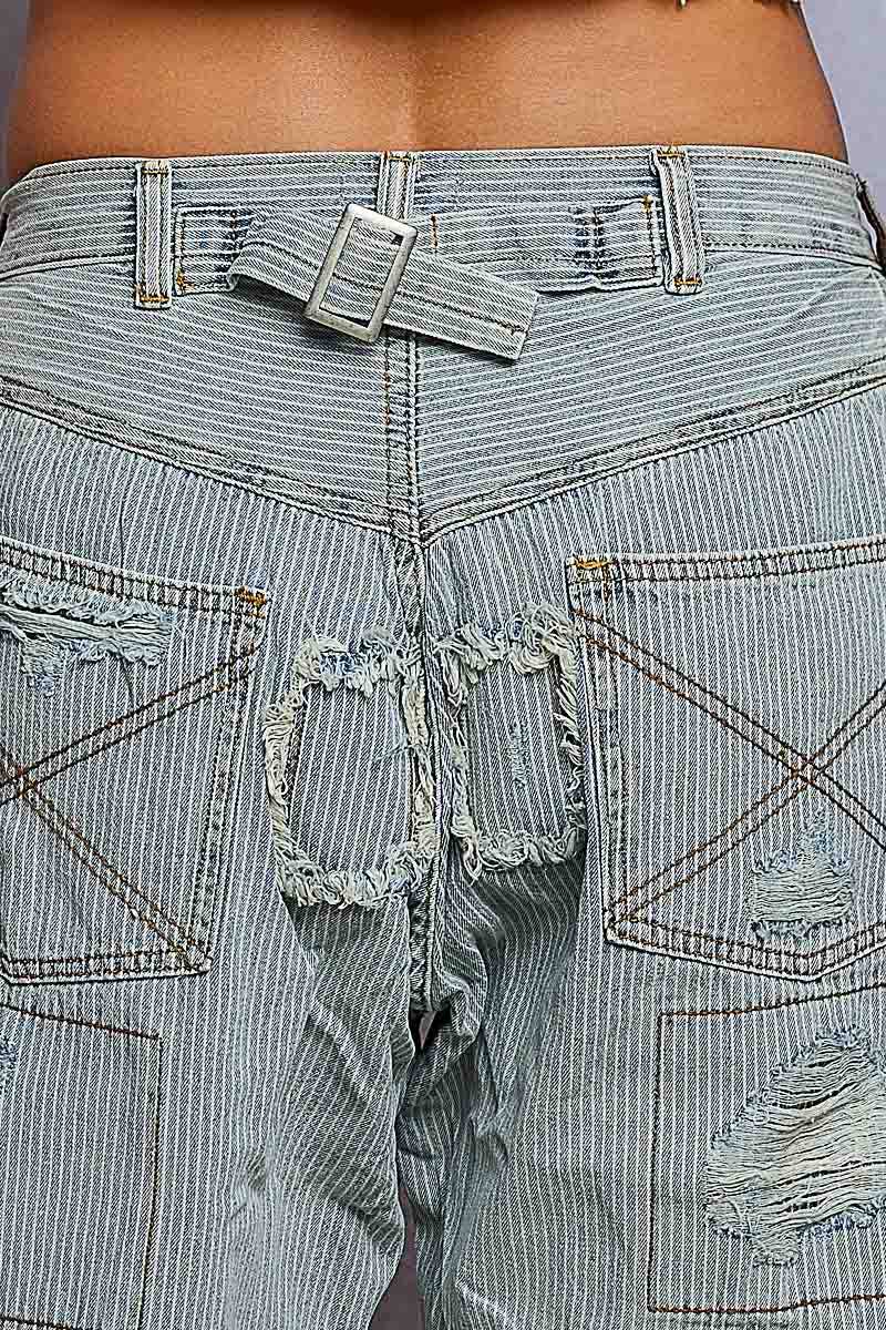 High Rise Ankle Length Distressed Pinstripe Jeans