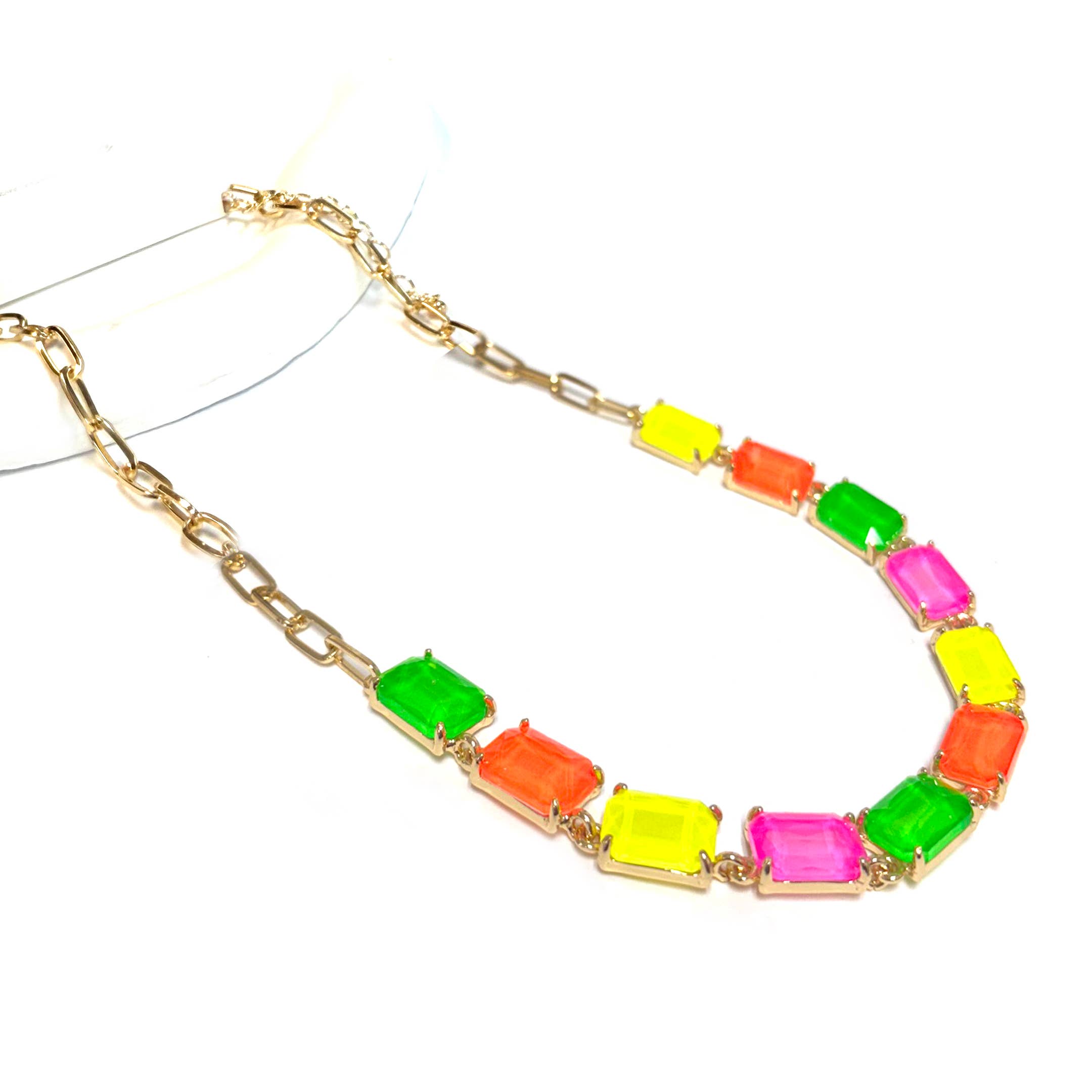 Rectangle Crystal Glass Linked Statement Chain Necklace