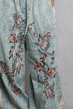 Floral Embroidery Print Patch Denim Jogger Pants