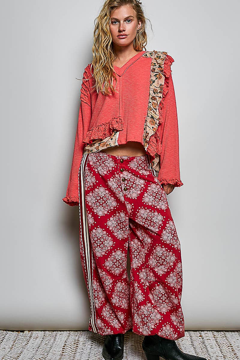 POL Floral Ruffle Trim Textured Ribbed Long Sleeve Knit Top