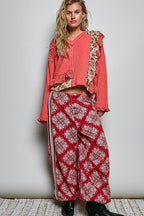POL Floral Ruffle Trim Textured Ribbed Long Sleeve Knit Top