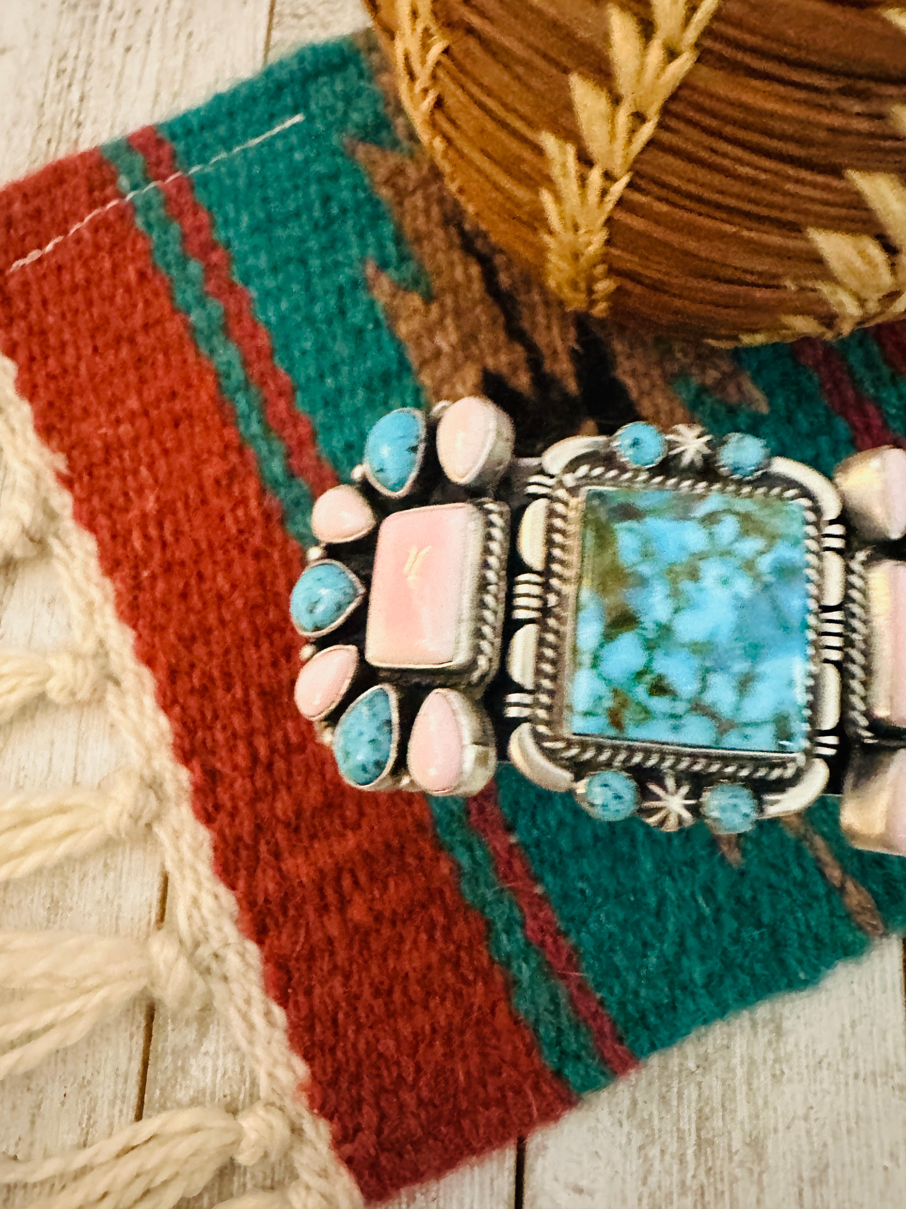 Handcrafted Sterling Silver, Turquoise & Queen Pink Conch Cuff Bracelet