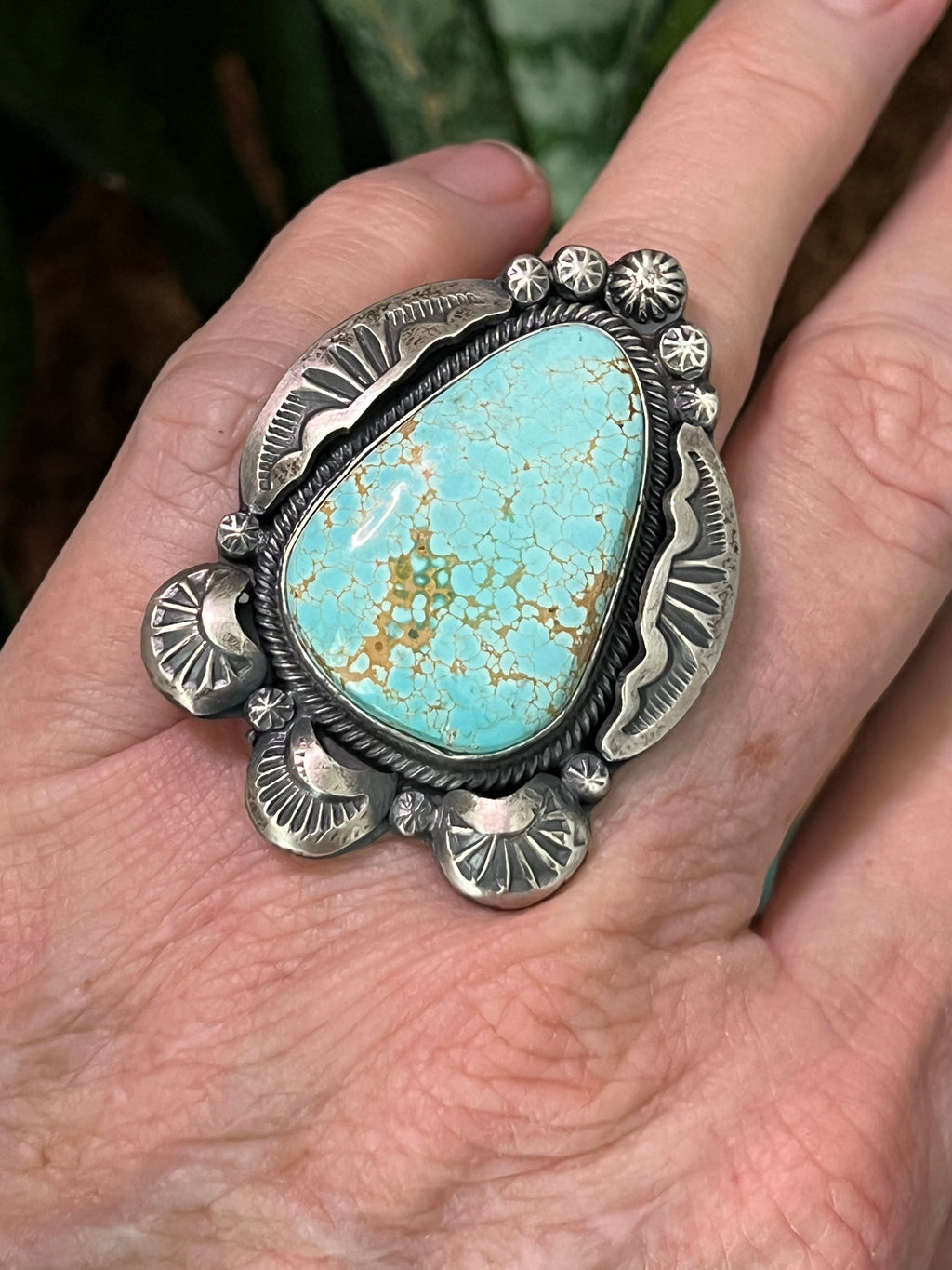 Handcrafted Sterling Silver and Number 8 Turquoise Ring by Gilbert Tom, Size 6.5