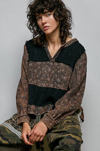 POL French Terry Raw-Edge Trim Patchwork Textured Knit Top