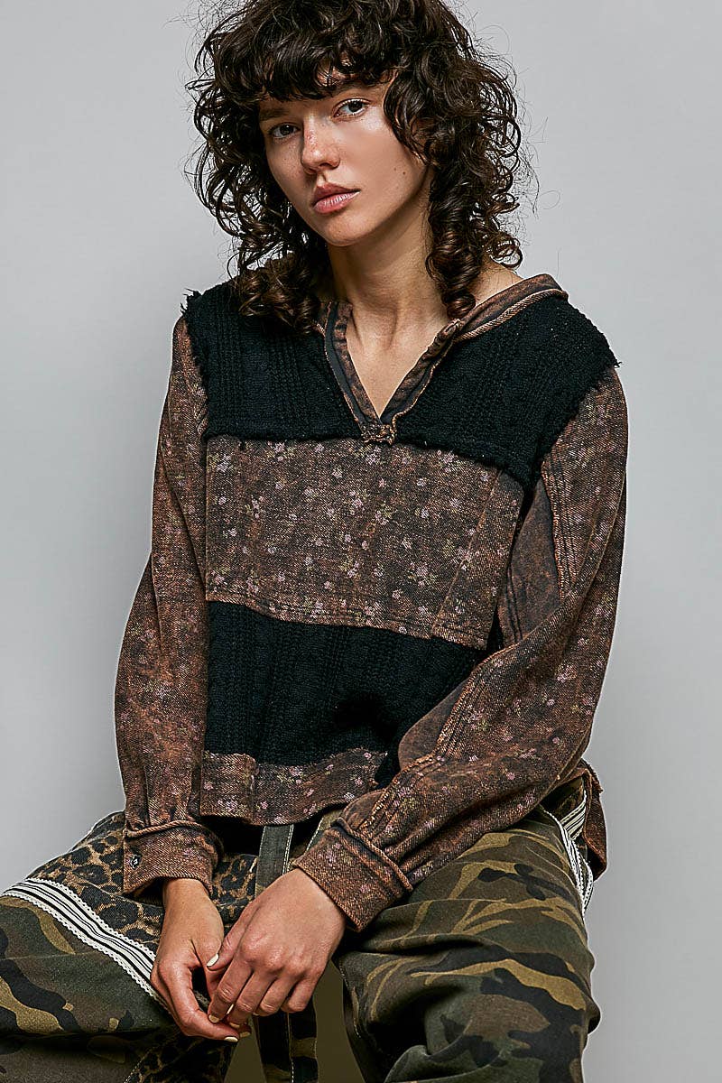 POL French Terry Raw-Edge Trim Patchwork Textured Knit Top
