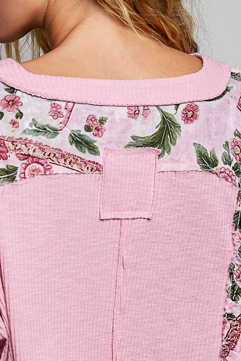 POL Floral Ruffle Trim Textured Ribbed Long Sleeve Knit Top