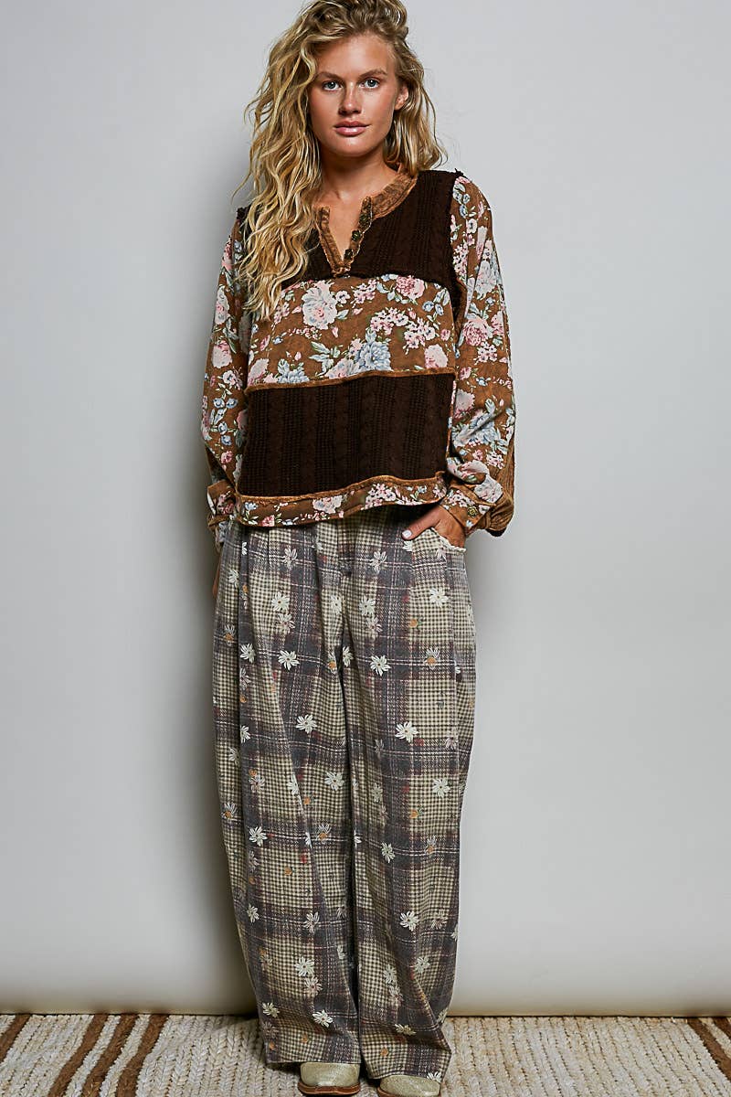 POL French Terry Raw-Edge Trim Patchwork Textured Knit Top
