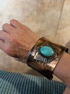 Engraved Copper Cuff Bracelet with Blue Oval Stone