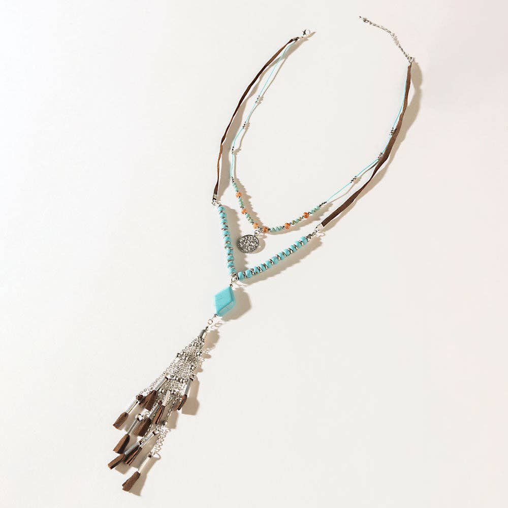 Two Moons Boho Fringe Necklace in Mesa Blue
