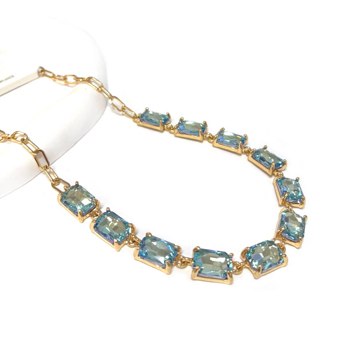 Rectangle Crystal Glass Linked Statement Chain Necklace