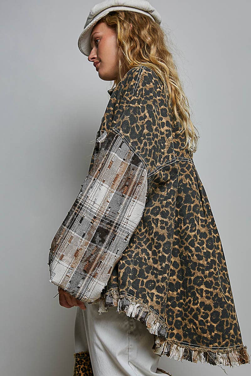 Allover Print Pattern Raw-Edge Fringe Trim Shirt Jacket