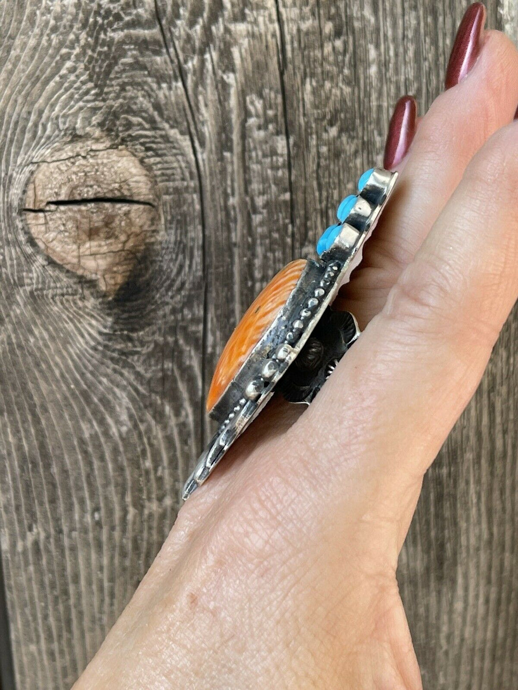 Handcrafted Sterling Silver Orange Spiny Heart & Turquoise Ring Sz 8