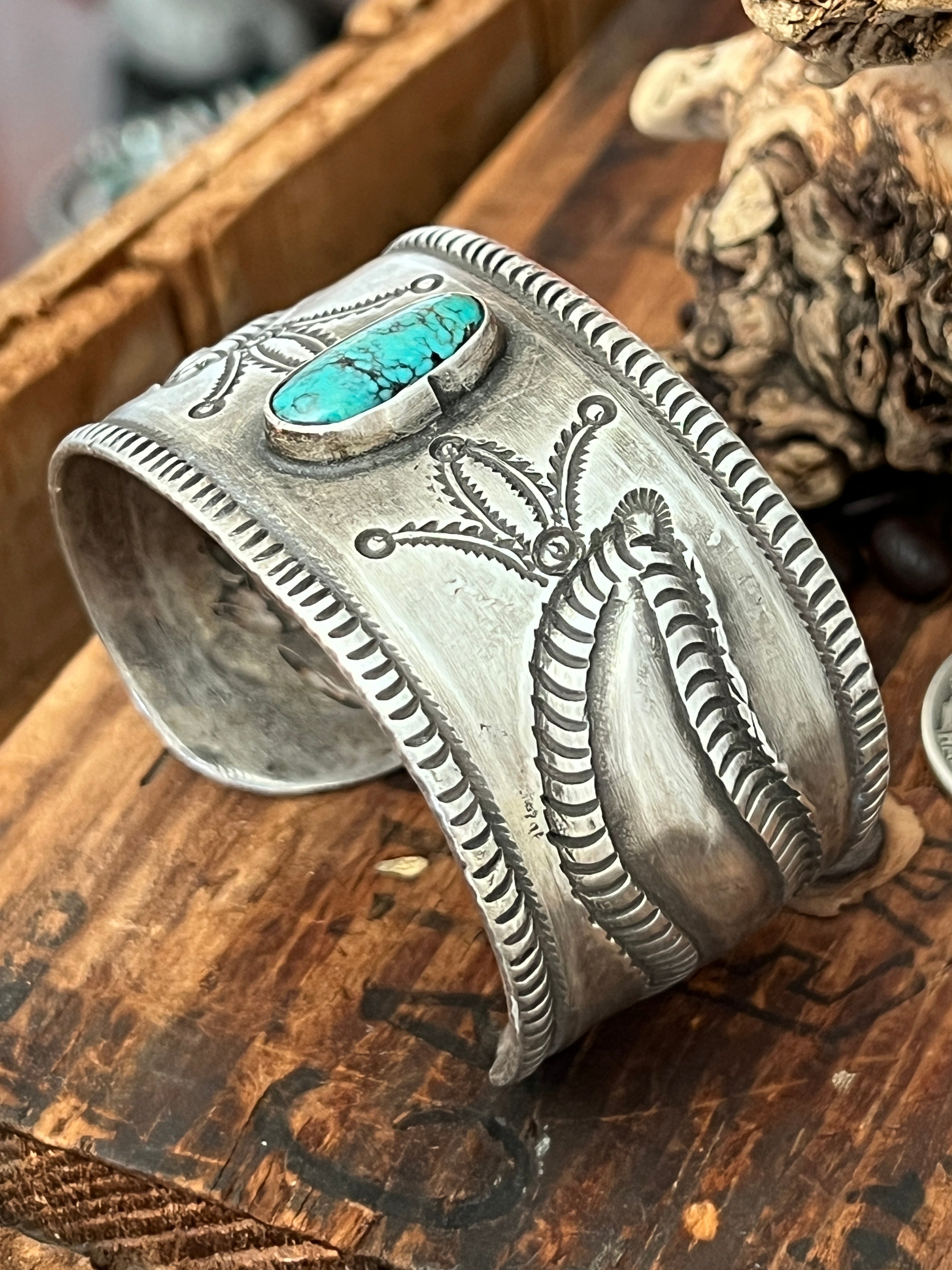 Hand Forged Old Pawn Sterling Silver & Turquoise Ingot Cuff Bracelet by Santa Fe Artist, Buffalo, The Harvest