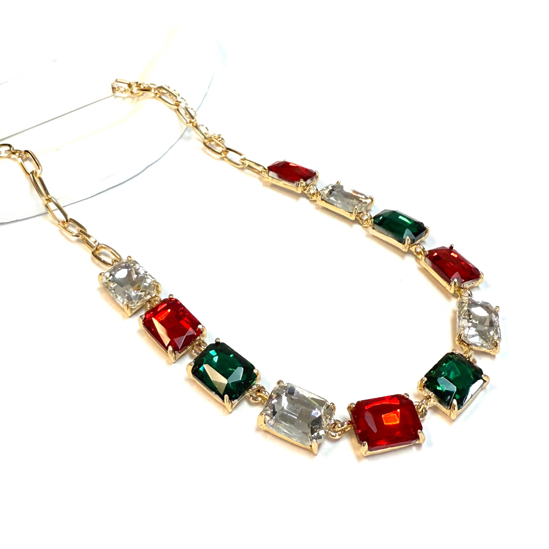 Rectangle Crystal Glass Linked Statement Chain Necklace