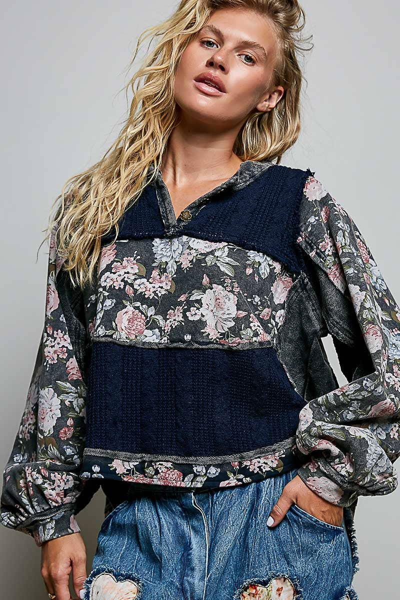 POL French Terry Raw-Edge Trim Patchwork Textured Knit Top