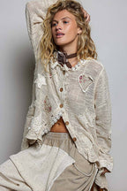 Floral Heart + Star Appliqué Lace Trim Cardigan