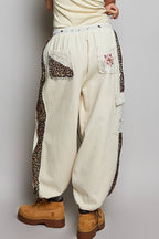 Floral Embroidery Print Patch Denim Jogger Pants