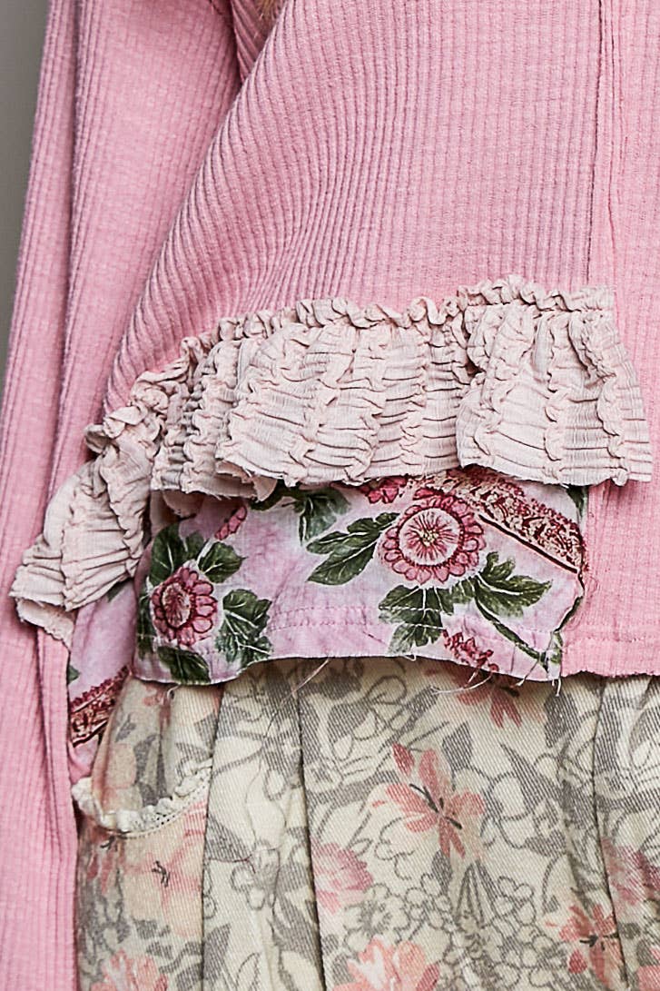 POL Floral Ruffle Trim Textured Ribbed Long Sleeve Knit Top