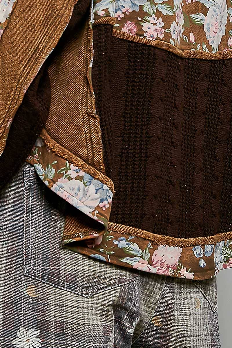 POL French Terry Raw-Edge Trim Patchwork Textured Knit Top