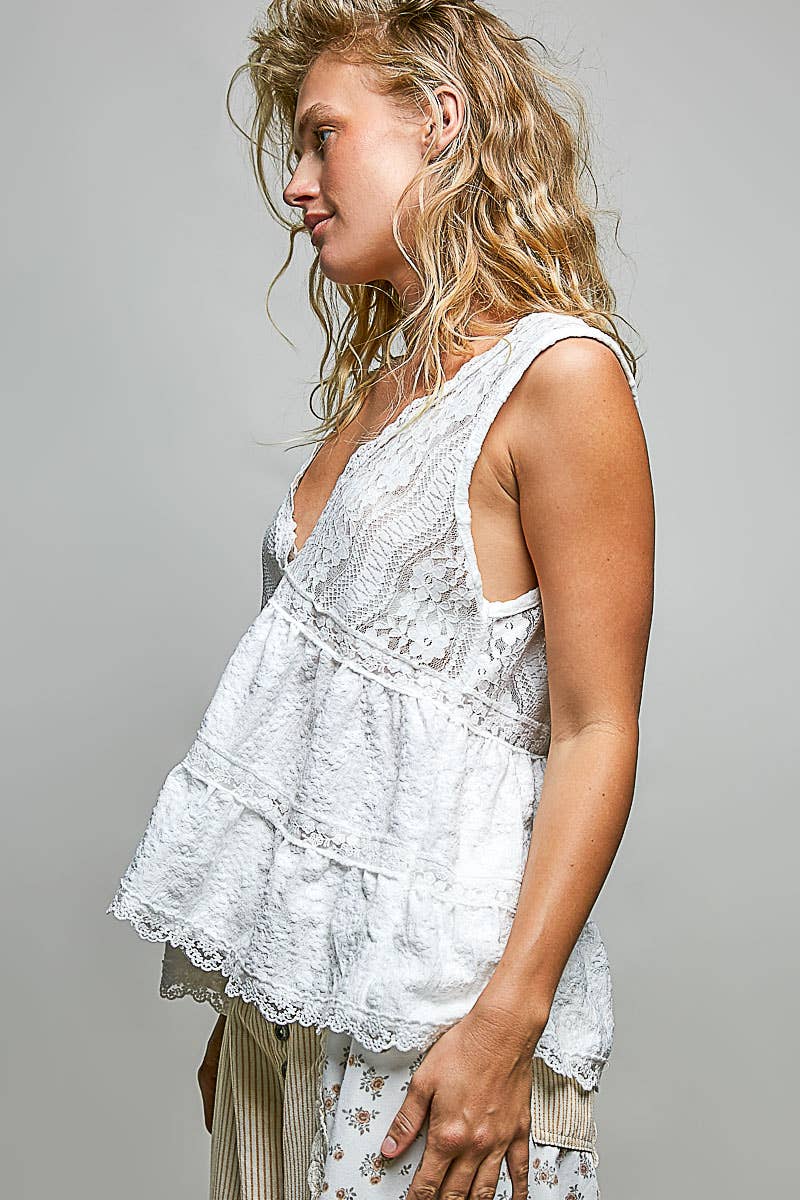POL Sleeveless Deep V-neck Lace Trim Knit Top