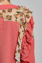 POL Floral Ruffle Trim Textured Ribbed Long Sleeve Knit Top