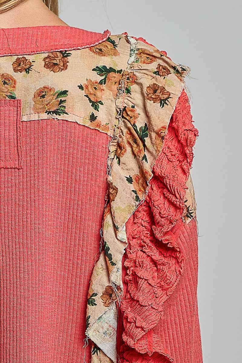 POL Floral Ruffle Trim Textured Ribbed Long Sleeve Knit Top
